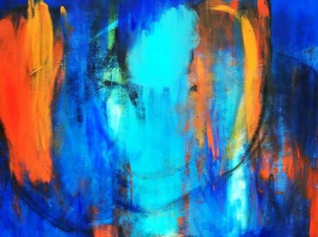 Ud af det blå kom du frem Abstrakt maleri i farver af Tine Weppler: Du ser måske en blå elefant 100 x 130 cm pris kr. 14.800