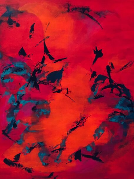 Abstrakt maleri i varme og røde nuancer