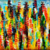 En farverig verden Stort abstrakt maleri malet på bestilling med et spændende varmt og råt udtryk. Jeg ser huse i en storby.