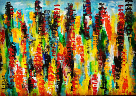 En farverig verden Stort abstrakt maleri malet på bestilling med et spændende varmt og råt udtryk. Jeg ser huse i en storby.