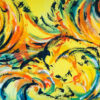 Sort sol Spændende komposition inspireret af sort sol i gule og blå nuancer. Farverne i maleriet er komplementærer og giver dermed ekstra liv til de cirkulærer strøg. Jeg ser en fugl i midten.