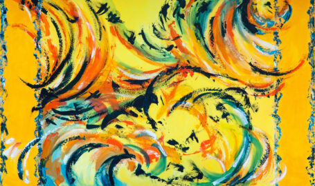 Spændende komposition inspireret af sort sol i gule og blå nuancer