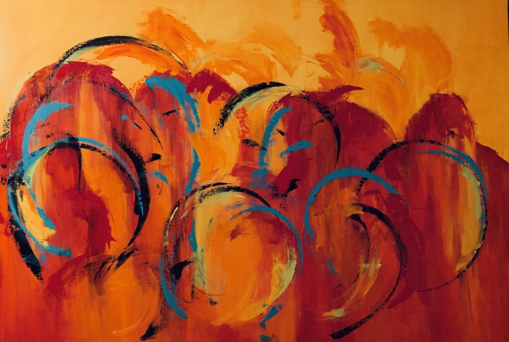 En sommerdag og tankerne vandrer Abstrakt maleri i gule og røde farver til salg 100 x 120 cm.