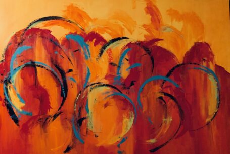 Abstrakt maleri i gule og røde farver til salg 100 x 120 cm.