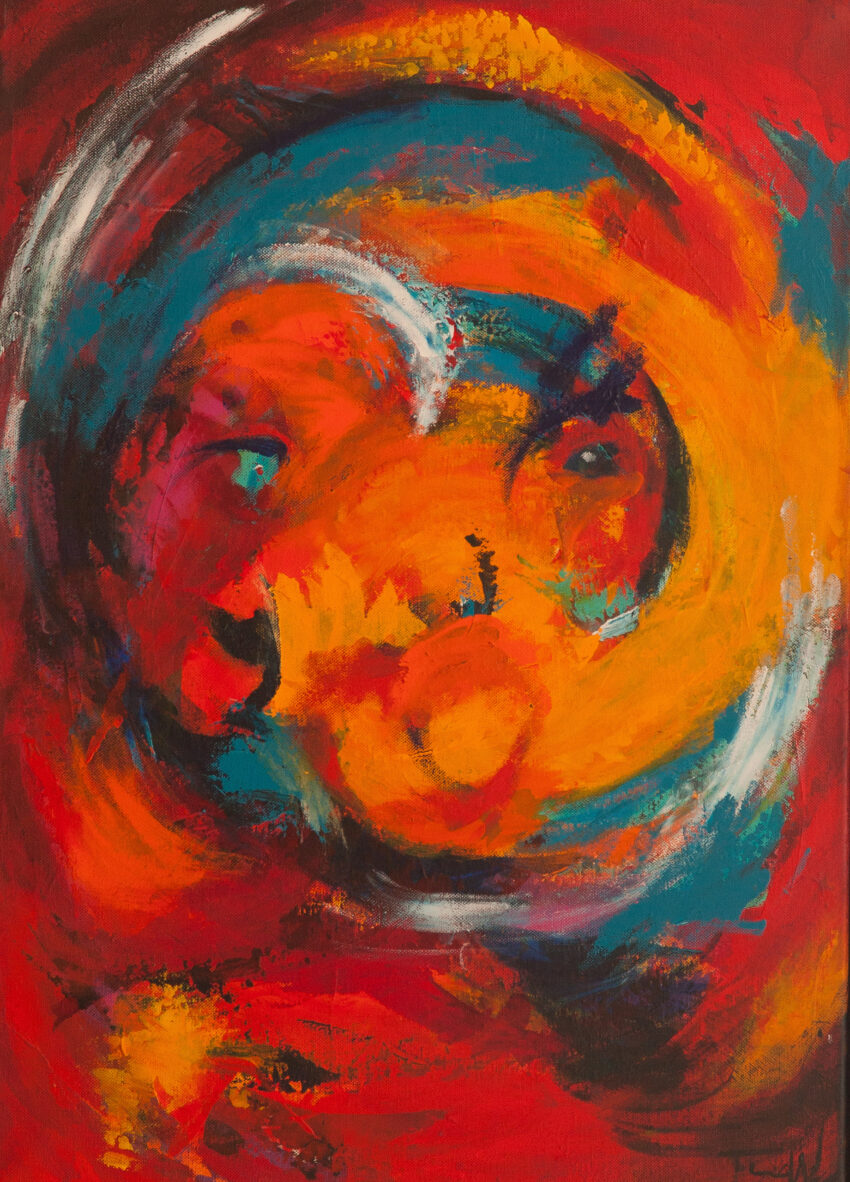 I love you Abstrakt moderne maleri i flotte farver, hvor man muligvis kan fornemme et maskeagtigt væsen i den cirkulære strøg 80 x 60 cm pris kr. 5.800