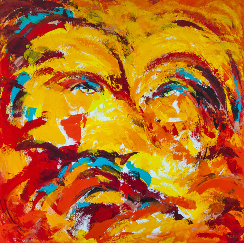 Den glade løve Tine Weppler Hanløve i varme nuancer 100 x 100 cm pris kr. 8.900