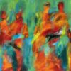 I festlig lag Stort abstrakt maleri i stærke farver med masser af dynamik - og måske ses mennesker i bevægelse og dans.