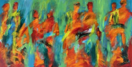 Stort abstrakt maleri i stærke farver med masser af dynamik - og måske ses mennesker i bevægelse og dans.