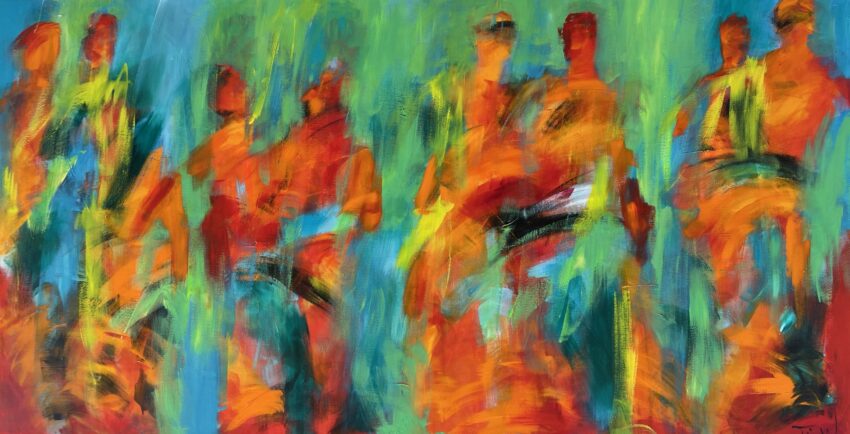 I festlig lag Stort abstrakt maleri i stærke farver med masser af dynamik - og måske ses mennesker i bevægelse og dans.