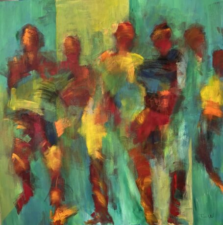 Dancing the night away Dynamisk og farverigt abstrakte malerier med mennesker i bevægelse. Der er fart og bevægelse i figurerne, hvor de lodrette linjer i baggrunden komplementeres af de runde malede former.