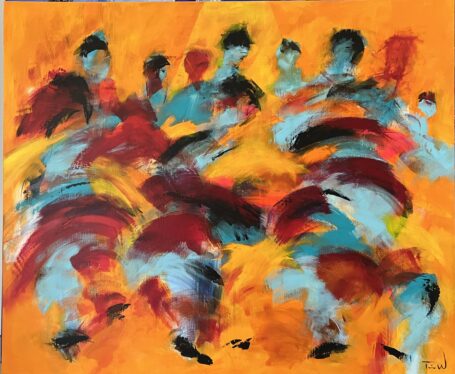 Want to dance? Dansemaleri - abstrakt og med masser af bevægelser, hvor figurer bevæger sig og danner smukke abstrakte former og dejlige varme farver