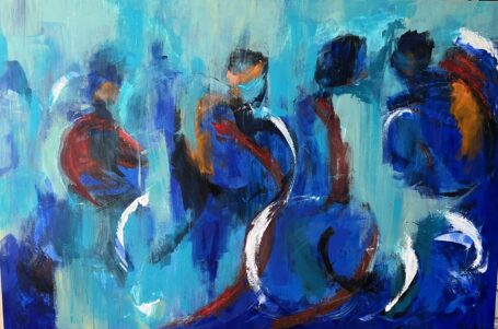 Caféen med det turkise tapet er et spændende maleri i blå og turkise nuancer, hvor man fornemmer figurer i de farverige strøg. Vi ser måske folk sidde på en cafe og snakke sammen med masser af stemning.