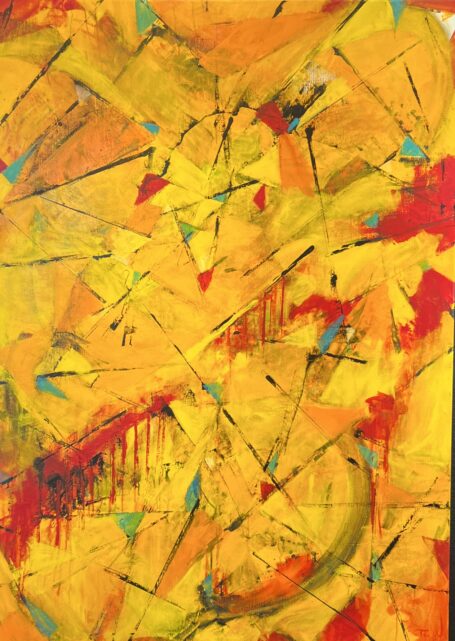 Kæmpe stort farverigt maleri abstrakt i gule og røde varme farver