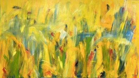 På en sommerdag ... Stort abstrakt maleri med masser af lys og varme, som leder tankerne hen på en sommerdag, hvor man kigger ud over et blomsterhav.
