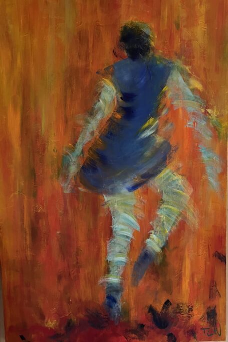 The blue dancing shoes Dancing with myself Abstrakt maleri med danser i blå og orange farver