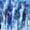 Når regnen letter Stort blåt maleri. som er helt abstrakt i afdæmpede farver.Kiggerman godt efter kan man ane menneskeskikkelser i et diset lys.