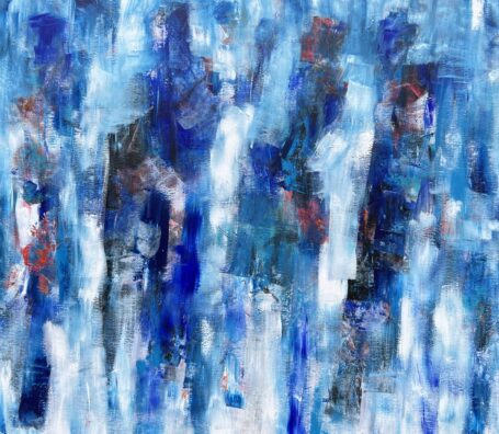 Stort blåt maleri hvor man kan ane menneskeskikkelser i et diset lys