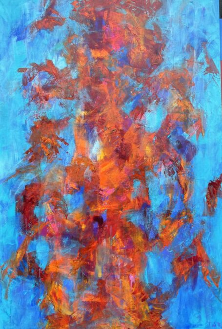 En dans med farver Stort aflangt maleri i skønne blå og gyldne varme farver. Det er et abstrakt maleri, der dog kan ligne et træ i efterårsfarver. Eller en maleri med dans farver i blå og rød farver.