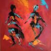 Magic of swing Abstrakt maleri af to der danser med masser af energi og farver. Der er benyttet collage til at skabe et spændende udtryk i dansemaleriet.
