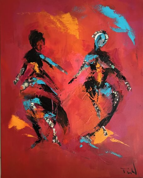 Magic of swing Abstrakt maleri af to der danser med masser af energi og farver. Der er benyttet collage til at skabe et spændende udtryk i dansemaleriet.