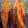 Let´s talk Stort aflangt maleri med en malerisk og kompromiløst farvespil - med to kvinder i gule nuancer på en rød og lilla baggrund