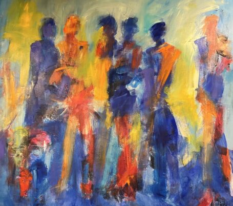 Stort abstrakt maleri i blå og røde nuancer, hvor figurene langsomt toner frem for ens blik.