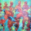 Dans i sommernatten Stort abstrakt maleri i farver. Aflangt farverigt maleri med masser af energi og dynamik med mennesker i bevægelse i smukke varme røde nuancer