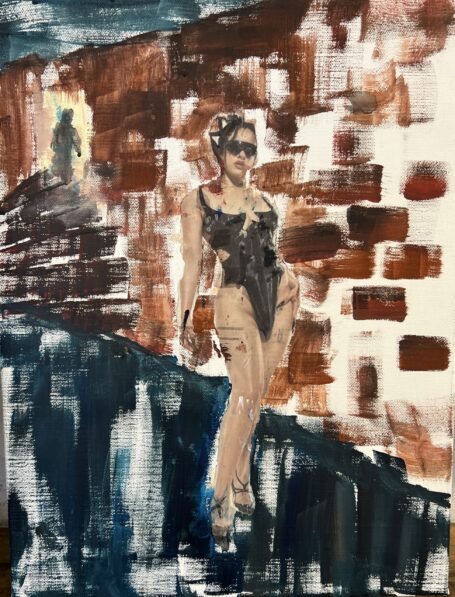 What Happens in the Dark Collage maleri med historie, hvor en kvinde går på en vej eller tunel i storbyen.