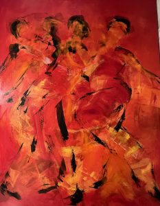 Når musikken spiller Stort maleri i rød og orange. Under malerier af mennesker - galleri kan du se flere malerier, hvor man ser dansende personer i bevægelse. Et valørmaleri hvor grundfarverne er orange og rød.