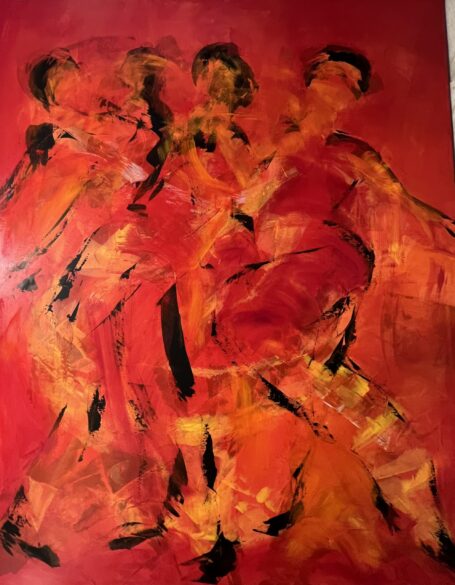 Når musikken spiller Stort maleri i rød og orange, hvor man ser dansende personer i bevægelse. Et valørmaleri hvor grundfarverne er orange og rød.