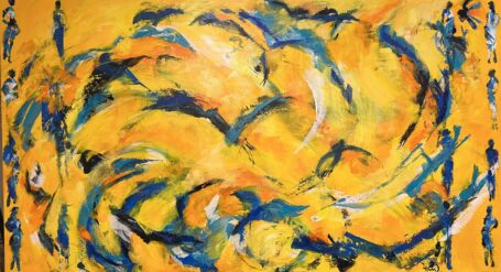 Stort abstrakt maleri som er inspireret af et tur på Tændermasken, hvor jeg oplevede det betagende syn med stærenes dans - sort sol