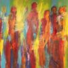 En verden i bevægelse Stort aflangt maleri i 120 x 200 cm i skønne varme farver, hvor man ser mennesker i grupper