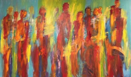 En verden i bevægelse Stort aflangt maleri i 120 x 200 cm i skønne varme farver, hvor man ser mennesker i grupper