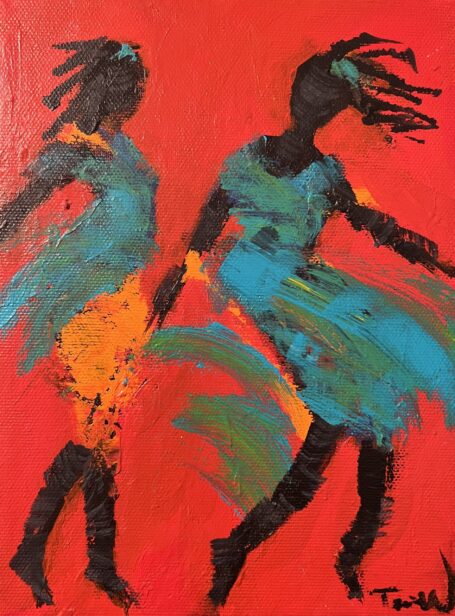 Se mig er et lille rødt dansemalerie på 25 x 18 cm. På den røde baggrund ses personer i dans i tyrkis og orange tøj. Masser af bevægelse og danseglæde.