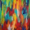 På opdagelse i farvernes verden Abstrakt maleri på højkant med stærke farver, der indbyrdes harmonerer. De mange farver giver liv og spil i maleriet. Grøn, gul, tyrkis, rød og orange.