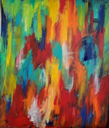 På opdagelse i farvernes verden Abstrakt maleri på højkant med stærke farver, der indbyrdes harmonerer. De mange farver giver liv og spil i maleriet. Grøn, gul, tyrkis, rød og orange.