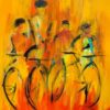 Cykletur med flokken Maleriet foresdtiller en lille gruppe cyklister, der holder pause. De står med deres cykler på en gul og orange baggrund.