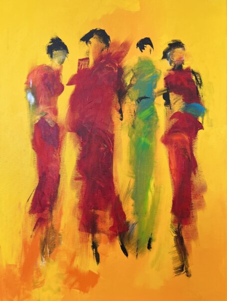A good time Elegant og spændende maleri, der med enkelte penselstrøg giver fornemmelsen af 4 kvinder, der står og taler i farverigt tøj