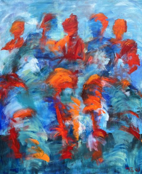 Hot time Stort farverigt og abstrakt maleri - et aflangt maleri med blå og røde nuancer i en smuk kombination