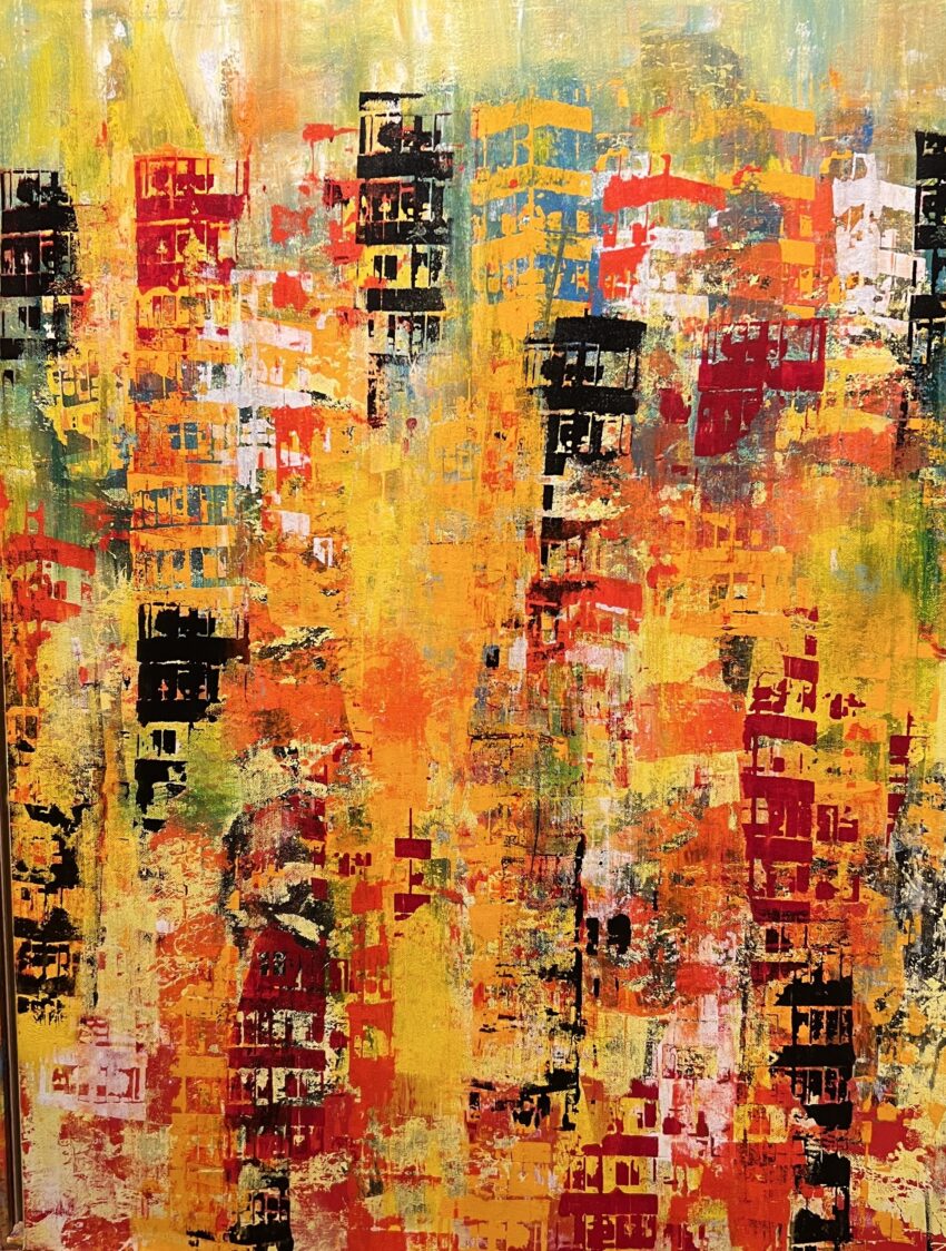 Byens lys på en varm sommerdag Farverigt maleri i mixed media, hvor mønstre danner e abstrakt maleri med farver og tolkningsmuligheder