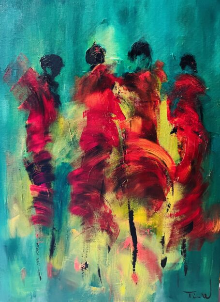 Min røde kjole Maleri af kvinder, der danser i sommeraftenen i flotte røde kjoler. Der er farver og energi i maleriet.