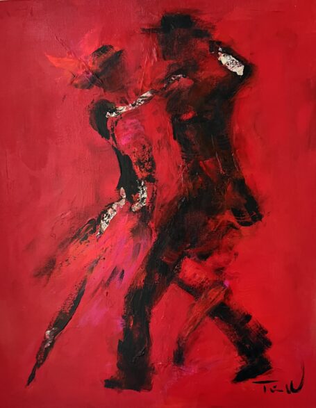 Skønt rødt dansemaleri af et par, der danser tango