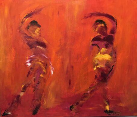 Together in Dance Farvestrålende maleri inspireret af Voigt Steffensens skønne dansemalerier med kraft og farve