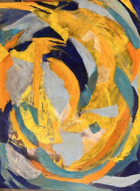 Parafrase over Egil Jacobsen Abstrakt maleri inspireret af Egil jacobsen med tanker på natur, hvor de gule pog blå felter indgår i en dekorativ og æstetisk flade.