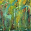 Magic forrest Stort abstrakt maleri i grønne nuancer, hvor man fornemmer en flodbred inde i regnskoven