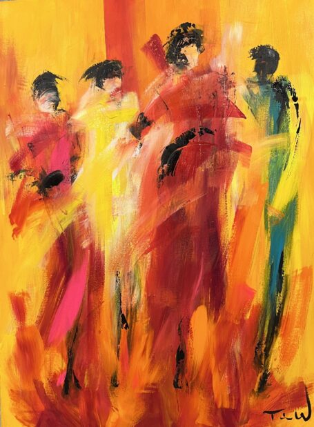 Closing Time Abstrakt farverigt maleri med masser af energi og måske ser du 4 kvinder