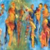 Indimellem rammer lyset os Abstrakt maleri med mennesker i smukke farver. Menneskerne på maleriet står og taler sammen i små grupper mens lyset skinner
