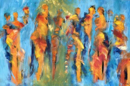 Indimellem rammer lyset os Abstrakt maleri med mennesker i smukke farver. Menneskerne på maleriet står og taler sammen i små grupper mens lyset skinner