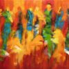 På vej mod dig Stort abstrakt maleri med menneskerfigurer, der i stærke glade farver bevæger sig mellem hinanden