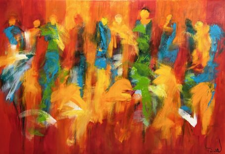 På vej mod dig Stort abstrakt maleri med menneskerfigurer, der i stærke glade farver bevæger sig mellem hinanden
